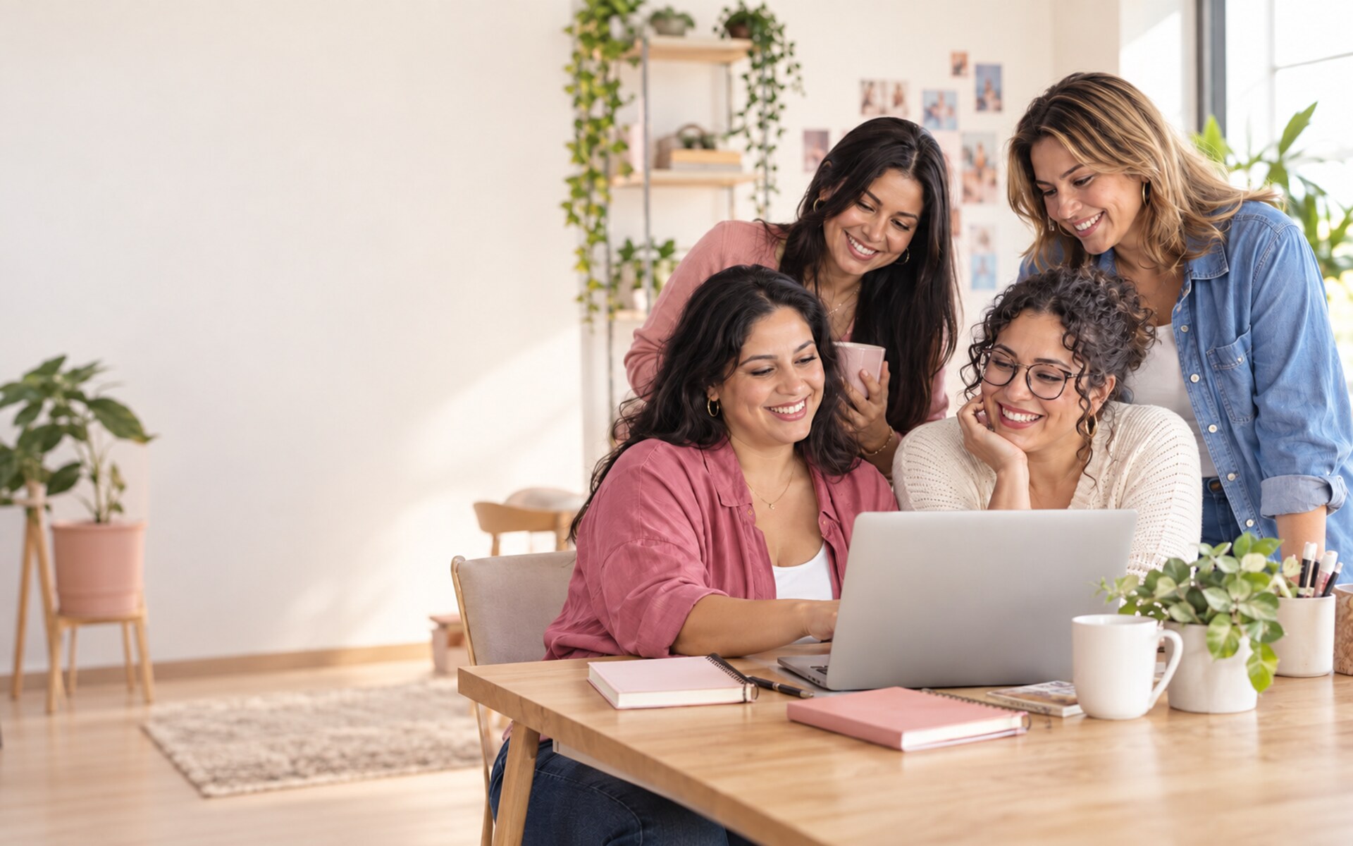 Cuatro mujeres compartiendo ideas alrededor de un portátil